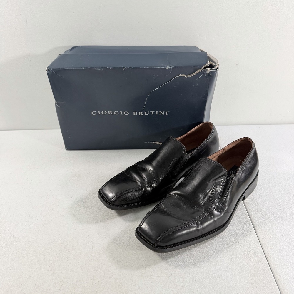 Giorgio Brutini Men's 9 M Black Leather Slip On Loafers Square Toe Dress Shoes